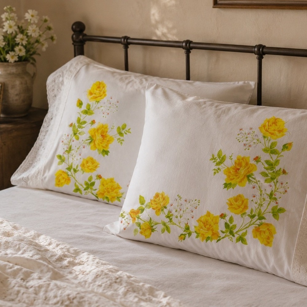 Vintage Martex Yellow Rose Floral Pillowcase Set Eyelet Trim White Percale USA